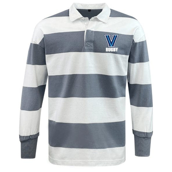 The Villanova Rugby Classic Long Sleeve Hooped Rugby Jersey by EMB Mudoo boasts wide gray and white horizontal stripes, a classic collar, and long sleeves. Ideal for leisurewear, the "V Rugby" logo enhances its authenticity and style.