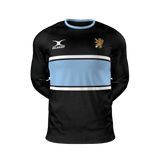 Columbia Business Gilbert LS Training Tee: a long-sleeved black training shirt with a light blue horizontal chest stripe, the Gilbert logo on the right chest, and a lion crest on the left.