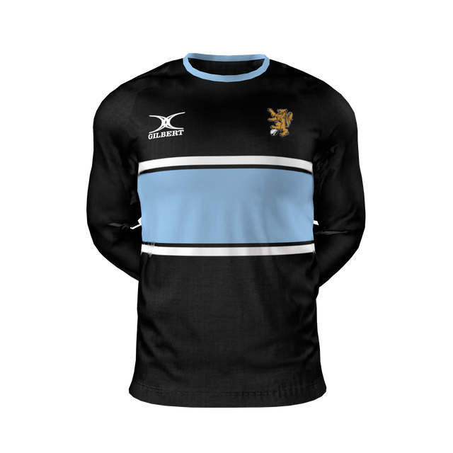 Columbia Business Gilbert LS Training Tee: a long-sleeved black training shirt with a light blue horizontal chest stripe, the Gilbert logo on the right chest, and a lion crest on the left.