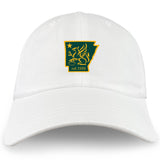 The Arkansas Gryphons Adult Low-Profile Cotton Twill Dad Cap by EMB S&S Activewear features a white cotton twill build with a green and yellow embroidered emblem—star, griffin, and "est. 2006"—on the front.