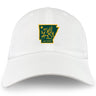 The Arkansas Gryphons Adult Low-Profile Cotton Twill Dad Cap by EMB S&S Activewear features a white cotton twill build with a green and yellow embroidered emblem—star, griffin, and "est. 2006"—on the front.