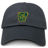 The EMB S&S Activewear Arkansas Gryphons Adult Low-Profile Cotton Twill Dad Cap is black with a green and yellow patch on the front, featuring an Arkansas outline, griffin, star, and "est. 2006" embroidery.