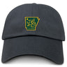 The EMB S&S Activewear Arkansas Gryphons Adult Low-Profile Cotton Twill Dad Cap is black with a green and yellow patch on the front, featuring an Arkansas outline, griffin, star, and "est. 2006" embroidery.