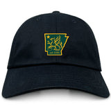 The EMB S&S Activewear Arkansas Gryphons Adult Low-Profile Cotton Twill Dad Cap features black twill, a yellow and green Arkansas emblem with a Pegasus and star, embroidered team branding, and "est. 2006" on the front.