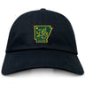 The EMB S&S Activewear Arkansas Gryphons Adult Low-Profile Cotton Twill Dad Cap features black twill, a yellow and green Arkansas emblem with a Pegasus and star, embroidered team branding, and "est. 2006" on the front.