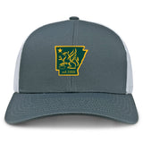 The Arkansas Gryphons Retro Trucker Cap by EMB S&S Activewear is a gray and white trucker hat with an embroidered yellow and green griffin patch inside Arkansas’s outline, a star, "est. 2006" text, and an adjustable snapback closure.