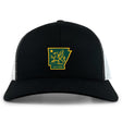 The EMB S&S Activewear Arkansas Gryphons Retro Trucker Cap features a black and white design with an embroidered yellow and green Arkansas emblem, stylized animal, star, "est. 2006" text, and an adjustable snapback closure.