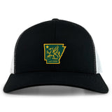 The EMB S&S Activewear Arkansas Gryphons Retro Trucker Cap features a black and white design with an embroidered yellow and green Arkansas emblem, stylized animal, star, "est. 2006" text, and an adjustable snapback closure.