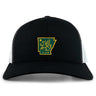 The EMB S&S Activewear Arkansas Gryphons Retro Trucker Cap features a black and white design with an embroidered yellow and green Arkansas emblem, stylized animal, star, "est. 2006" text, and an adjustable snapback closure.