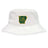The Arkansas Gryphons Crusher Bucket Cap by EMB S&S Activewear is a white cotton twill hat with a green and yellow Arkansas silhouette logo, lion, star, and "est. 2006" text—stylish sun protection for any occasion.