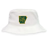 The Arkansas Gryphons Crusher Bucket Cap by EMB S&S Activewear is a white cotton twill hat with a green and yellow Arkansas silhouette logo, lion, star, and "est. 2006" text—stylish sun protection for any occasion.