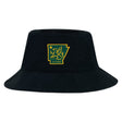 The Arkansas Gryphons Crusher Bucket Cap by EMB S&S Activewear is a black cotton twill hat with a yellow and green emblem featuring a winged creature, Arkansas outline, star, and "est. 2006"—ideal for stylish sun protection.