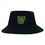 The Arkansas Gryphons Crusher Bucket Cap by EMB S&S Activewear is a black cotton twill hat with a yellow and green emblem featuring a winged creature, Arkansas outline, star, and "est. 2006"—ideal for stylish sun protection.