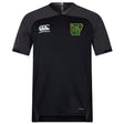 The Arkansas Gryphons Vapodri Evader Jersey by EMB Canterbury is a black short-sleeve top with grey shoulders, a white Canterbury logo on the right chest, and a green-yellow lion crest—crafted with moisture-wicking comfort.