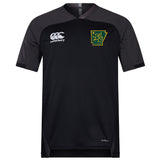 The Arkansas Gryphons Vapodri Evader Jersey by EMB Canterbury is a black short-sleeve top with grey shoulders, a white Canterbury logo on the right chest, and a green-yellow lion crest—crafted with moisture-wicking comfort.
