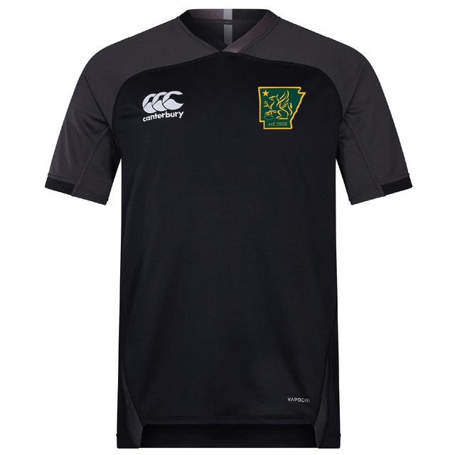 The Arkansas Gryphons Vapodri Evader Jersey by EMB Canterbury is a black short-sleeve top with grey shoulders, a white Canterbury logo on the right chest, and a green-yellow lion crest—crafted with moisture-wicking comfort.