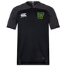 The Arkansas Gryphons Vapodri Evader Jersey by EMB Canterbury is a black short-sleeve top with grey shoulders, a white Canterbury logo on the right chest, and a green-yellow lion crest—crafted with moisture-wicking comfort.