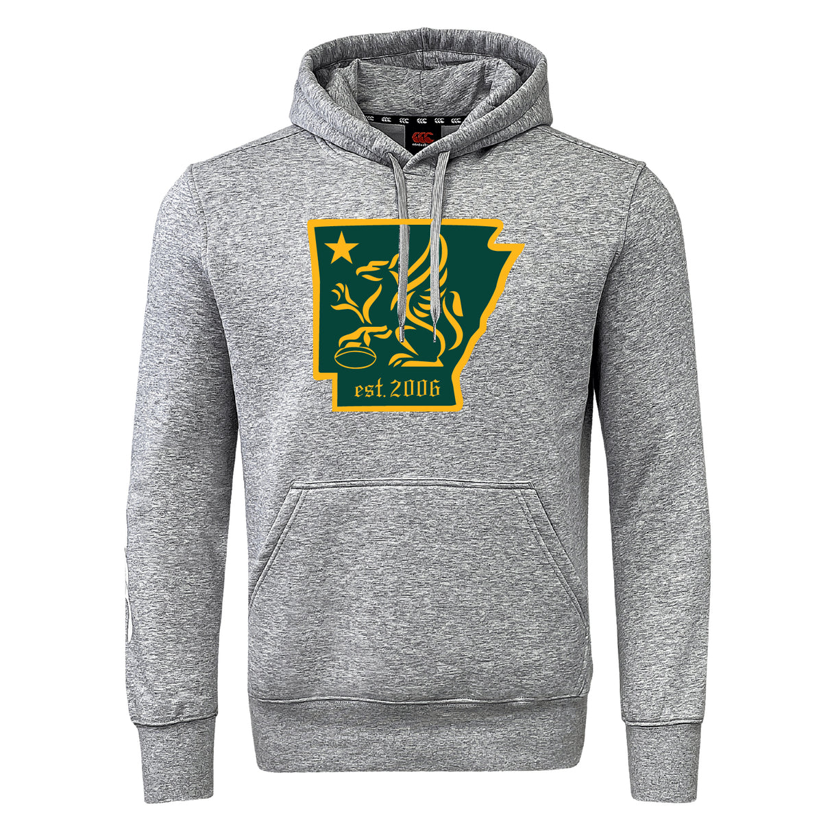 The Arkansas Gryphons Club Hoodie by WRS Canterbury features a gray design with a yellow-outlined green lion, star, and "est. 2006" inside the Arkansas state shape on the chest.