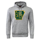 The Arkansas Gryphons Club Hoodie by WRS Canterbury features a gray design with a yellow-outlined green lion, star, and "est. 2006" inside the Arkansas state shape on the chest.
