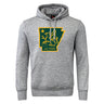 The Arkansas Gryphons Club Hoodie by WRS Canterbury features a gray design with a yellow-outlined green lion, star, and "est. 2006" inside the Arkansas state shape on the chest.