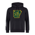 The Arkansas Gryphons Club Hoodie by WRS Canterbury is a black rugby hoodie with a green and yellow Arkansas graphic, winged horse, star, "est. 2006" on the chest, and white stripes on the left sleeve.