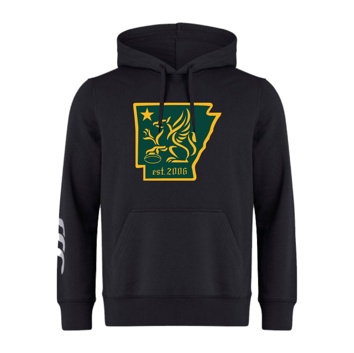 The Arkansas Gryphons Club Hoodie by WRS Canterbury is a black rugby hoodie with a green and yellow Arkansas graphic, winged horse, star, "est. 2006" on the chest, and white stripes on the left sleeve.