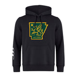 The Arkansas Gryphons Club Hoodie by WRS Canterbury is a black rugby hoodie with a green and yellow Arkansas graphic, winged horse, star, "est. 2006" on the chest, and white stripes on the left sleeve.