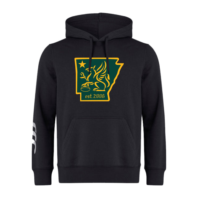 The Arkansas Gryphons Club Hoodie by WRS Canterbury is a black rugby hoodie with a green and yellow Arkansas graphic, winged horse, star, "est. 2006" on the chest, and white stripes on the left sleeve.