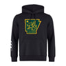 The Arkansas Gryphons Club Hoodie by WRS Canterbury is a black rugby hoodie with a green and yellow Arkansas graphic, winged horse, star, "est. 2006" on the chest, and white stripes on the left sleeve.