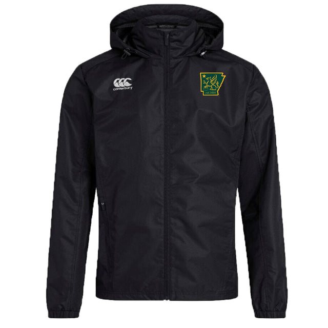 The Arkansas Gryphons Club VapoShield Full Zip Rain Jacket by EMB Canterbury features a black hooded design, zip front, Canterbury logo on the right chest, green/yellow embroidered crest left chest, and water-resistant VapoShield technology.