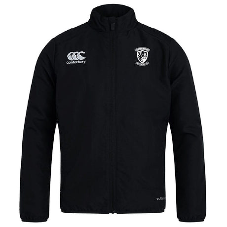 The Columbus Kodiaks Club Track Jacket by EMB Canterbury in black is lightweight with a high collar, Canterbury logo on the right chest, crest on the left, and quick-drying fabric for all-weather comfort.