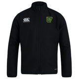 The Arkansas Gryphons Club Track Jacket by EMB Canterbury is a black lightweight jacket with a front zipper, Canterbury logo on the right chest, and a green crest with yellow outline and map emblem on the left. Stay comfortable in style.