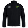 The Arkansas Gryphons Club Track Jacket by EMB Canterbury is a black lightweight jacket with a front zipper, Canterbury logo on the right chest, and a green crest with yellow outline and map emblem on the left. Stay comfortable in style.