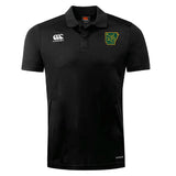 The Arkansas Gryphons Club Dry Polo by EMB Canterbury is a black, short-sleeve collared shirt with Vapodri comfort tech, featuring the Canterbury logo on the right chest and a yellow-trimmed Arkansas bear emblem on the left.