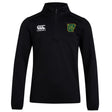 The Arkansas Gryphons Club 1/4 Zip Mid Layer Training Top by EMB Canterbury features a black design with the Canterbury logo on the right chest and a green and yellow crest on the left, perfect for rugby training.