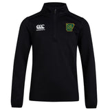 The Arkansas Gryphons Club 1/4 Zip Mid Layer Training Top by EMB Canterbury features a black design with the Canterbury logo on the right chest and a green and yellow crest on the left, perfect for rugby training.
