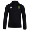 The Arkansas Gryphons Club 1/4 Zip Mid Layer Training Top by EMB Canterbury features a black design with the Canterbury logo on the right chest and a green and yellow crest on the left, perfect for rugby training.