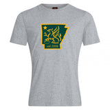 The Arkansas Gryphons Club Plain Tee by WRS Canterbury is a gray cotton-blend shirt showcasing a griffin inside an Arkansas outline, with a star and "est. 2006" graphic below.