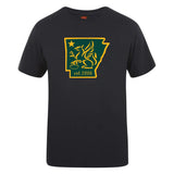 The Arkansas Gryphons Club Plain Tee by WRS Canterbury features a green and yellow griffin inside the Arkansas outline, a star, and "est. 2006" on the front. Made from a soft cotton blend for comfort.