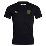 The Arkansas Gryphons Club Dry Tee by EMB Canterbury is a black short-sleeve shirt with a white Canterbury logo on the right chest and a green/yellow Arkansas patch on the left. This breathable workout tee keeps you cool during intense training.