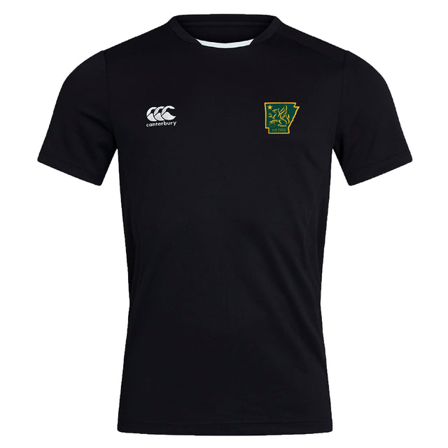 The Arkansas Gryphons Club Dry Tee by EMB Canterbury is a black short-sleeve shirt with a white Canterbury logo on the right chest and a green/yellow Arkansas patch on the left. This breathable workout tee keeps you cool during intense training.