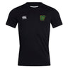 The Arkansas Gryphons Club Dry Tee by EMB Canterbury is a black short-sleeve shirt with a white Canterbury logo on the right chest and a green/yellow Arkansas patch on the left. This breathable workout tee keeps you cool during intense training.