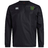 The EMB Canterbury Arkansas Gryphons Club Vaposhield Contact Top is a black long-sleeve rugby training top with a water-repellent finish, featuring the Canterbury logo and a yellow-green Arkansas emblem on the chest.
