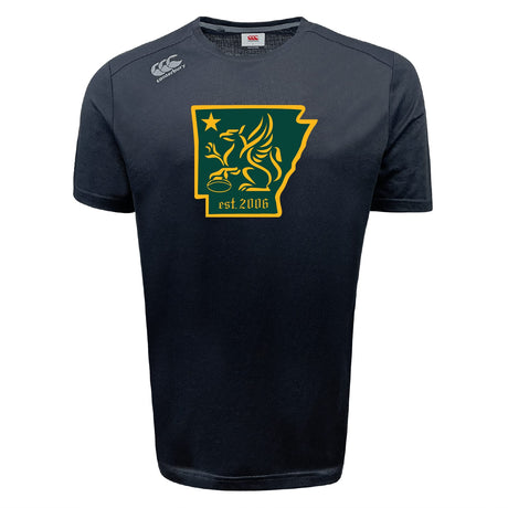 The Arkansas Gryphons Tempo Vapodri T-Shirt by WRS Canterbury is a black athletic tee with a green and gold griffin in an Arkansas outline, "est. 2006" below, and shoulder logo; designed for moisture-wicking performance comfort.