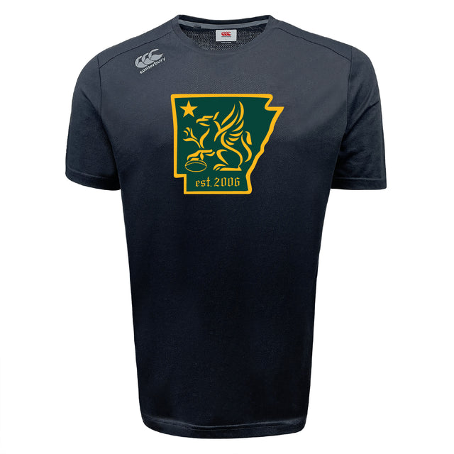 The Arkansas Gryphons Tempo Vapodri T-Shirt by WRS Canterbury is a black athletic tee with a green and gold griffin in an Arkansas outline, "est. 2006" below, and shoulder logo; designed for moisture-wicking performance comfort.