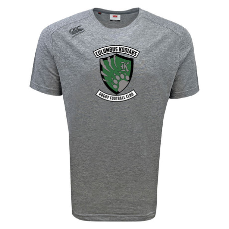 The Columbus Kodiaks Tempo Vapodri T-Shirt by WRS Canterbury features a green bear paw chest logo, a small Canterbury logo on the right shoulder, and VapoDri moisture-wicking technology for comfort.