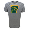 The WRS Canterbury Arkansas Gryphons Tempo Vapodri T-Shirt is a gray short-sleeve performance tee with a green and gold griffin inside an Arkansas outline and "est. 2006" below.