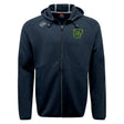 The Arkansas Gryphons Tempo Vapodri Full-Zip Hoodie by EMB Canterbury is a black hoodie with gray stitching, a green and yellow chest logo, and a white shoulder logo, offering stylish, moisture-wicking comfort for any activity.
