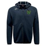 The Arkansas Gryphons Tempo Vapodri Full-Zip Hoodie by EMB Canterbury is a black hoodie with gray stitching, a green and yellow chest logo, and a white shoulder logo, offering stylish, moisture-wicking comfort for any activity.