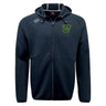 The Arkansas Gryphons Tempo Vapodri Full-Zip Hoodie by EMB Canterbury is a black hoodie with gray stitching, a green and yellow chest logo, and a white shoulder logo, offering stylish, moisture-wicking comfort for any activity.